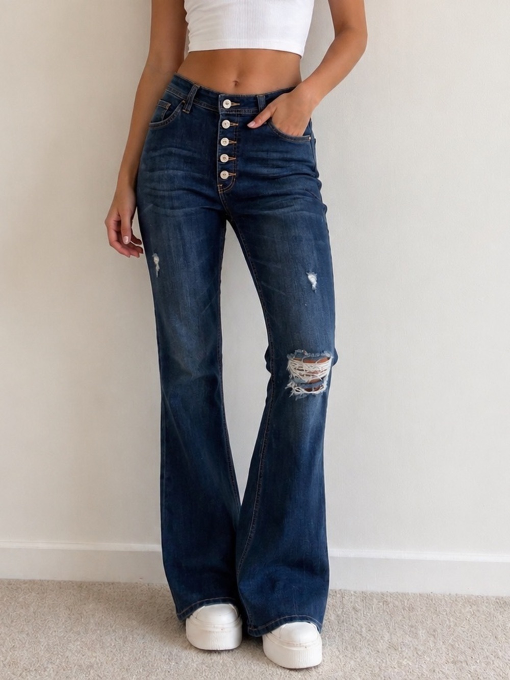 KanCan High Rise Button Fly Flare Jeans Distressed Dark Wash Size 13/30 Y2K Boho